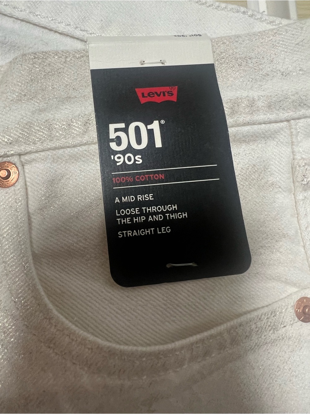 Levi’s Premium 501 ’90s Metallic Foil Straight Jeans White Gold NWT 26x30 - Picture 7 of 10